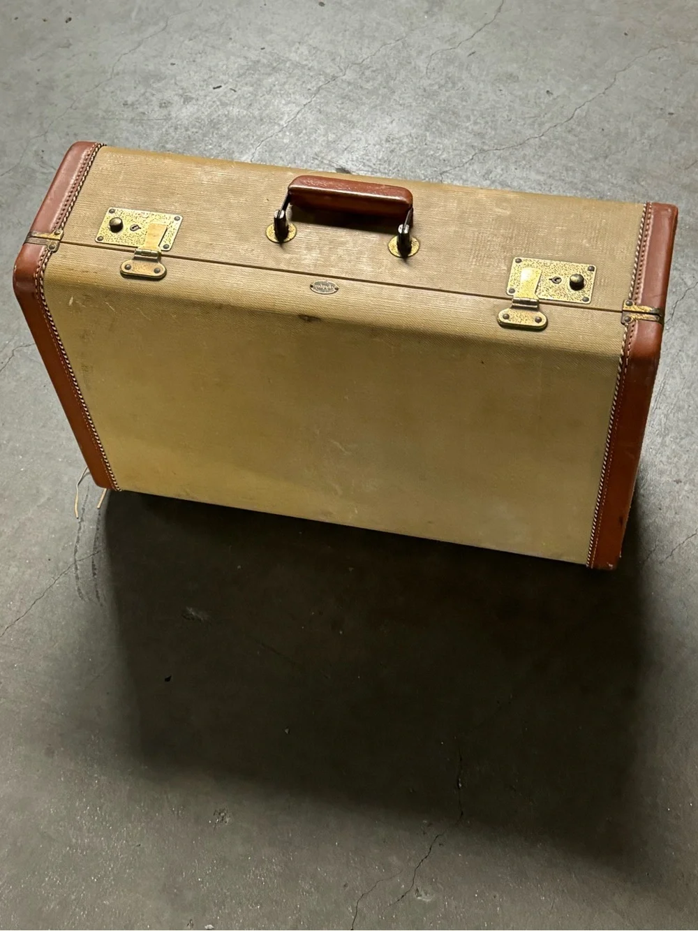 Vintage Goldpak Hard Suitcase in Tan and Brown Leather Accents